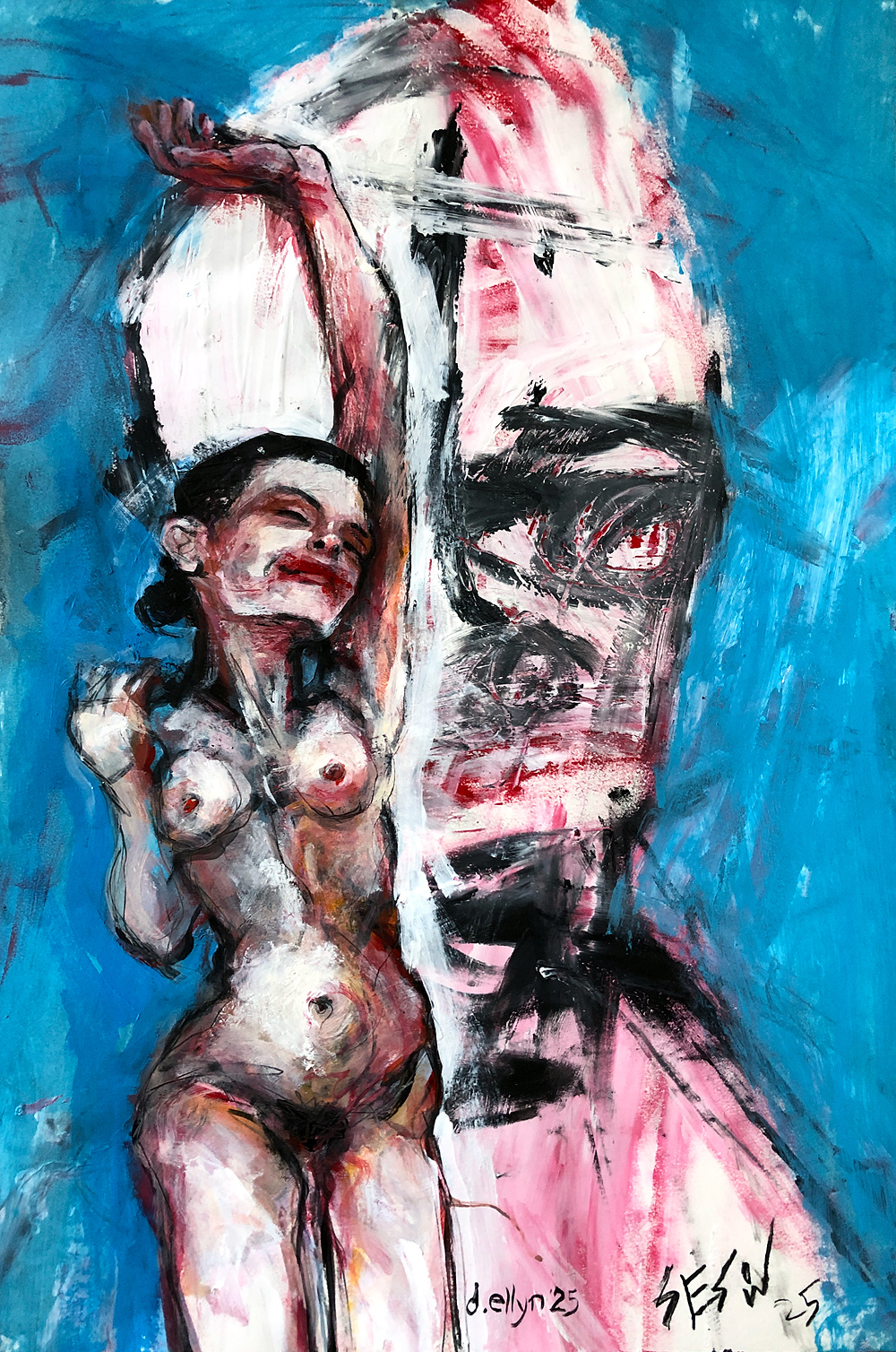 Woman with two faces, red hair wearing purple dress surrounded by phoenix bird drawings