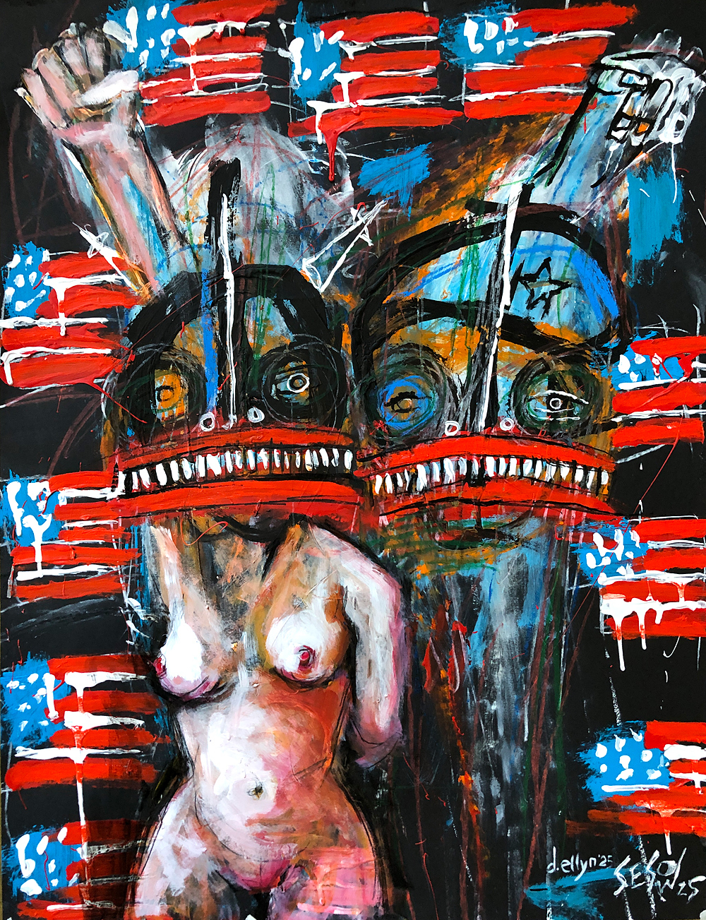 Woman with two faces, red hair wearing purple dress surrounded by phoenix bird drawings