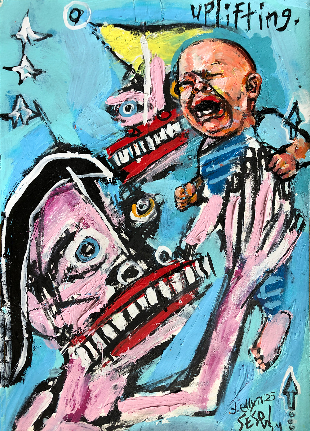 an expressionistic abstract woman with large teeth and red lips throwing a crying baby in the air.