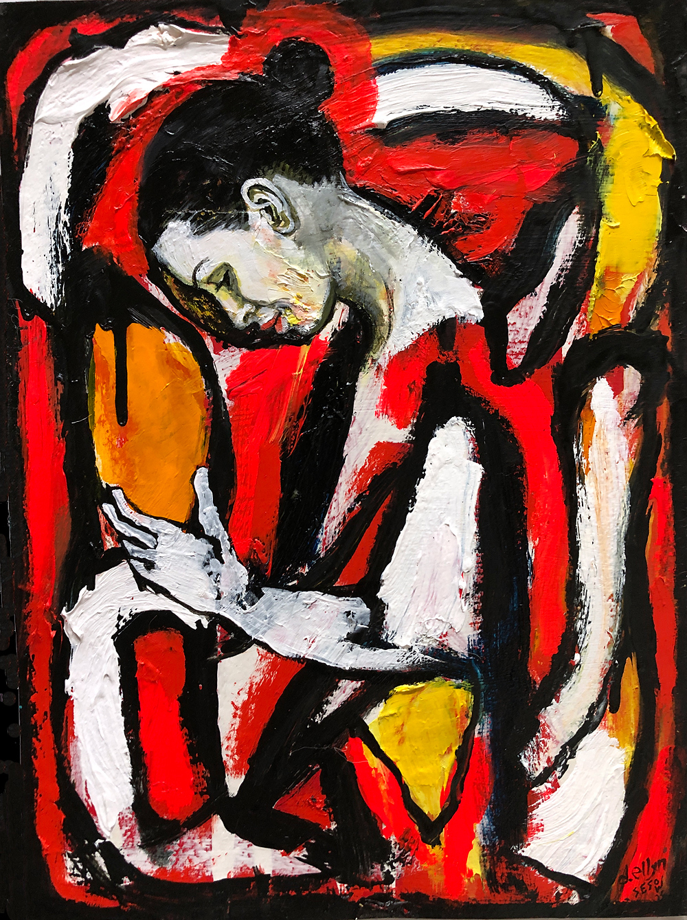 abstract patterns in red, black, white with realistic woman in profile holding a mango