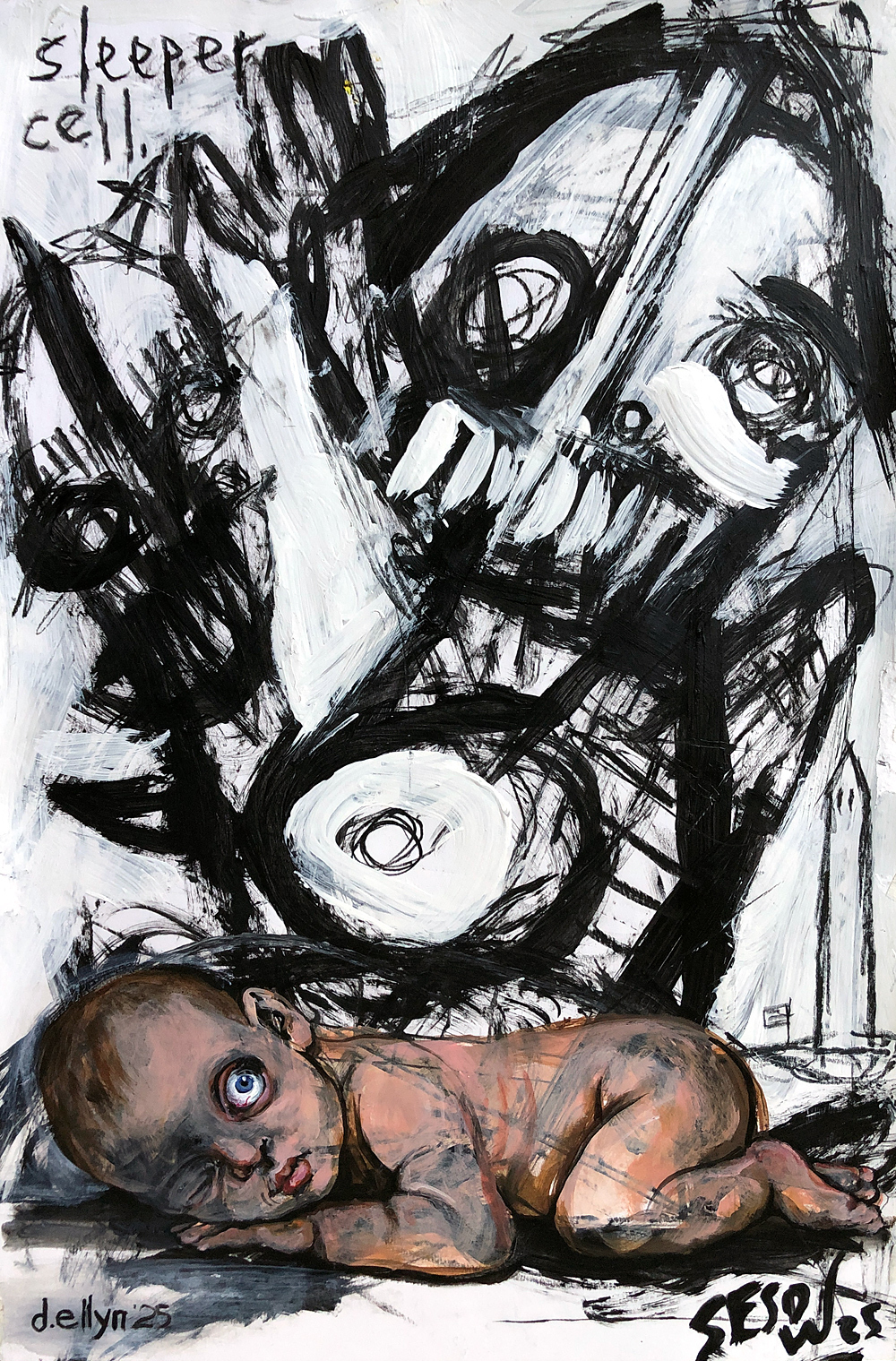 A baby lies in the foreground as chaotic black-and-white figures loom above, evoking themes of danger, innocence, and fear.