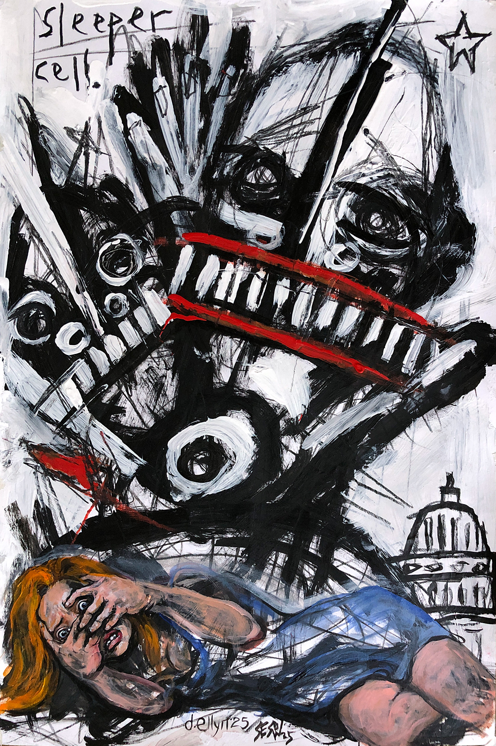 A terrified woman cowers as monstrous faces and U.S. symbols swirl in black, white, and red—conjuring nightmares of power and control.