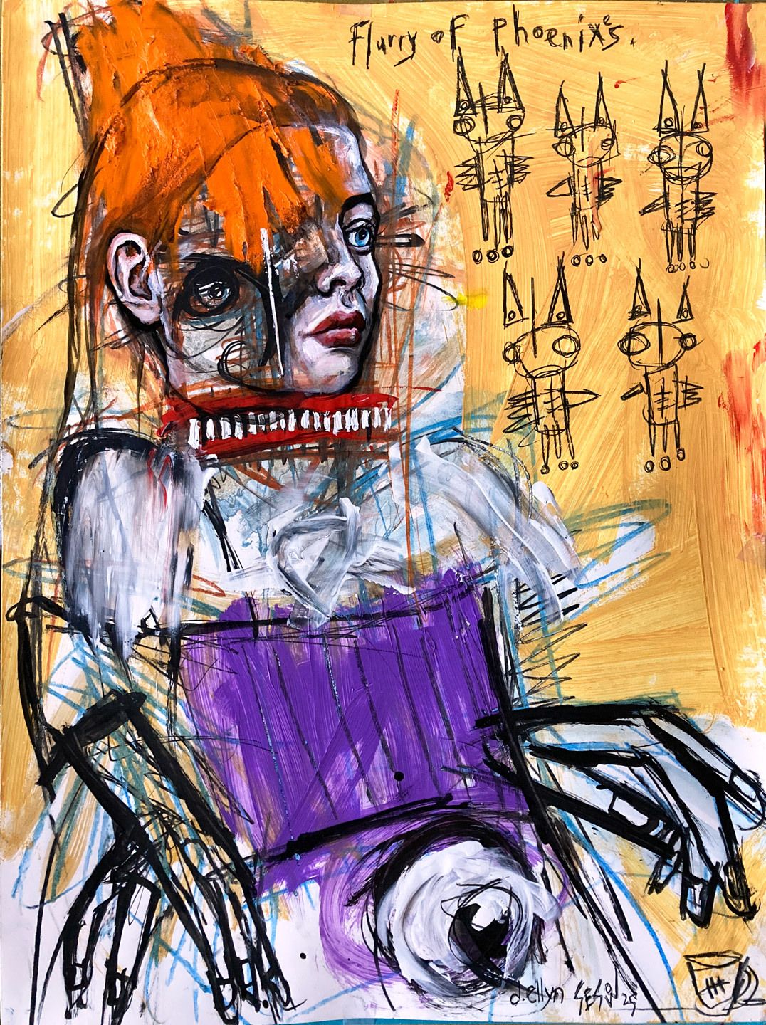 Woman with two faces, red hair wearing purple dress surrounded by phoenix bird drawings