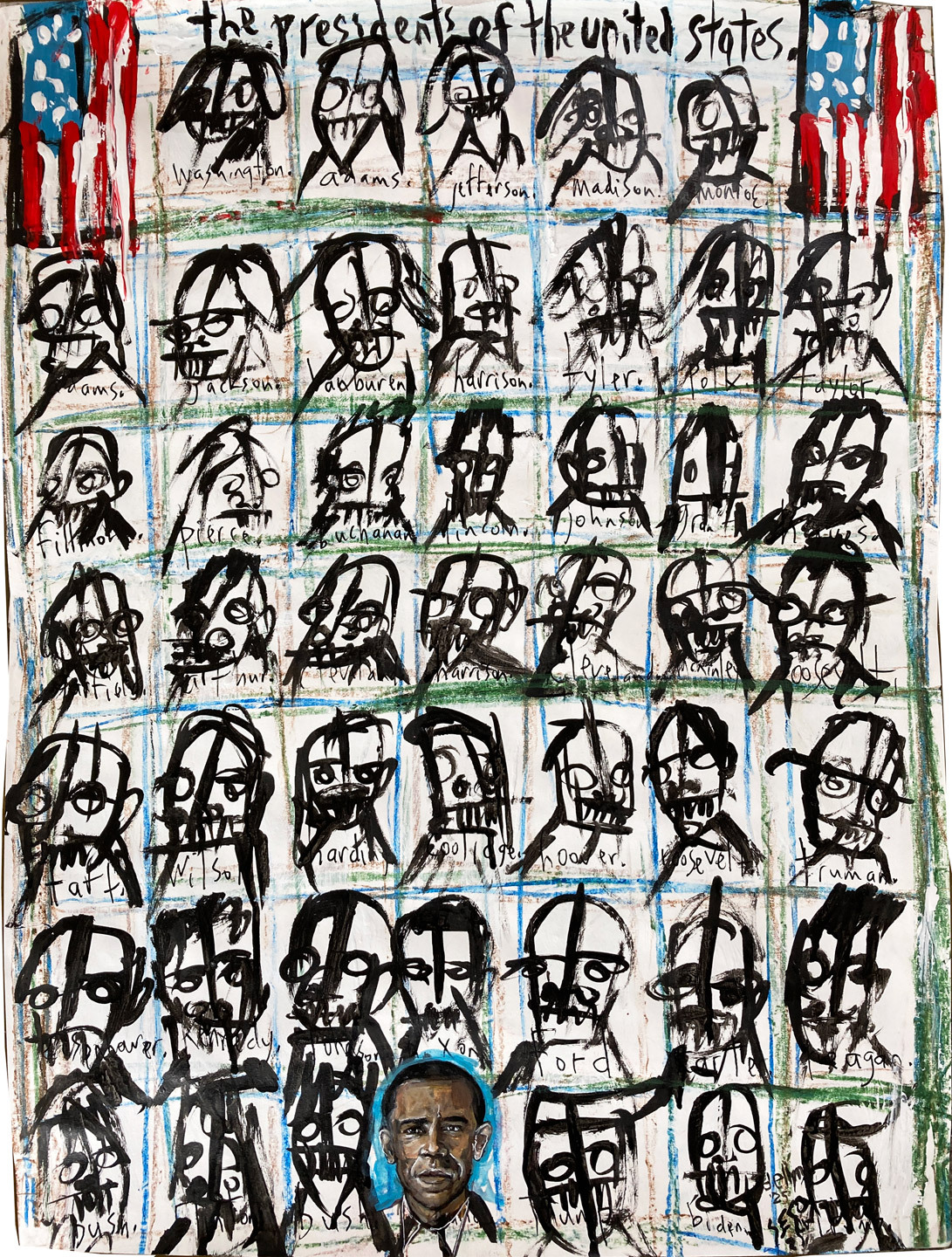 Montage of abstracted portraits of all US Presidents with realistic portrait of Obama.