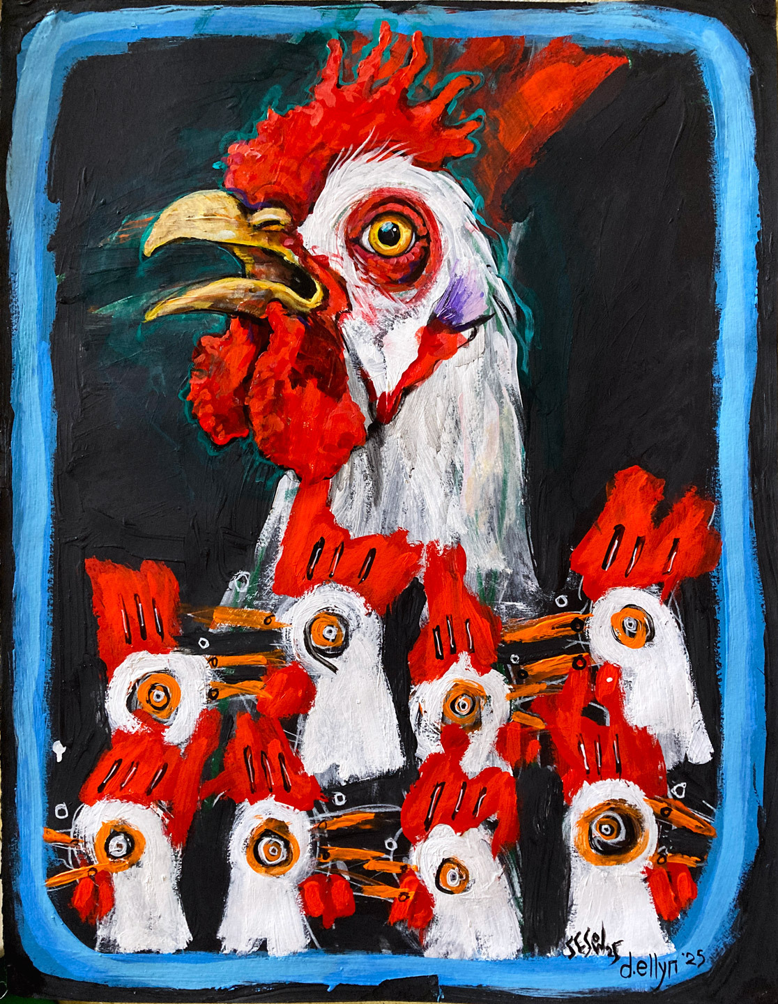 bold rooster and chickens painting with vivid red, white, and black tones—expressive farmyard scene bursting with energy and detail.
