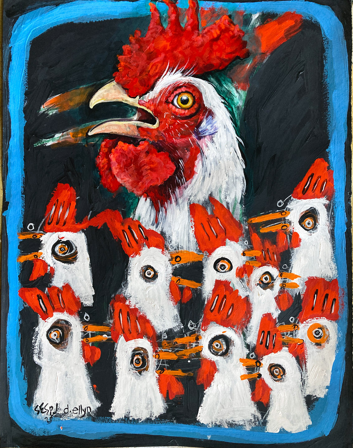 Expressive rooster and flock painting, featuring bold red crests and intense stares—modern, vibrant farmyard art
