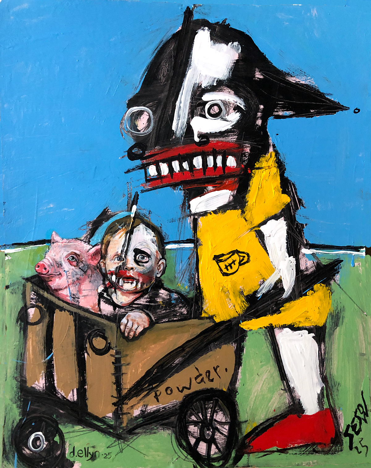 A surreal child and pig ride in a powder-labeled cart, pushed by a grinning figure in yellow—bold, unsettling, and symbolic.
