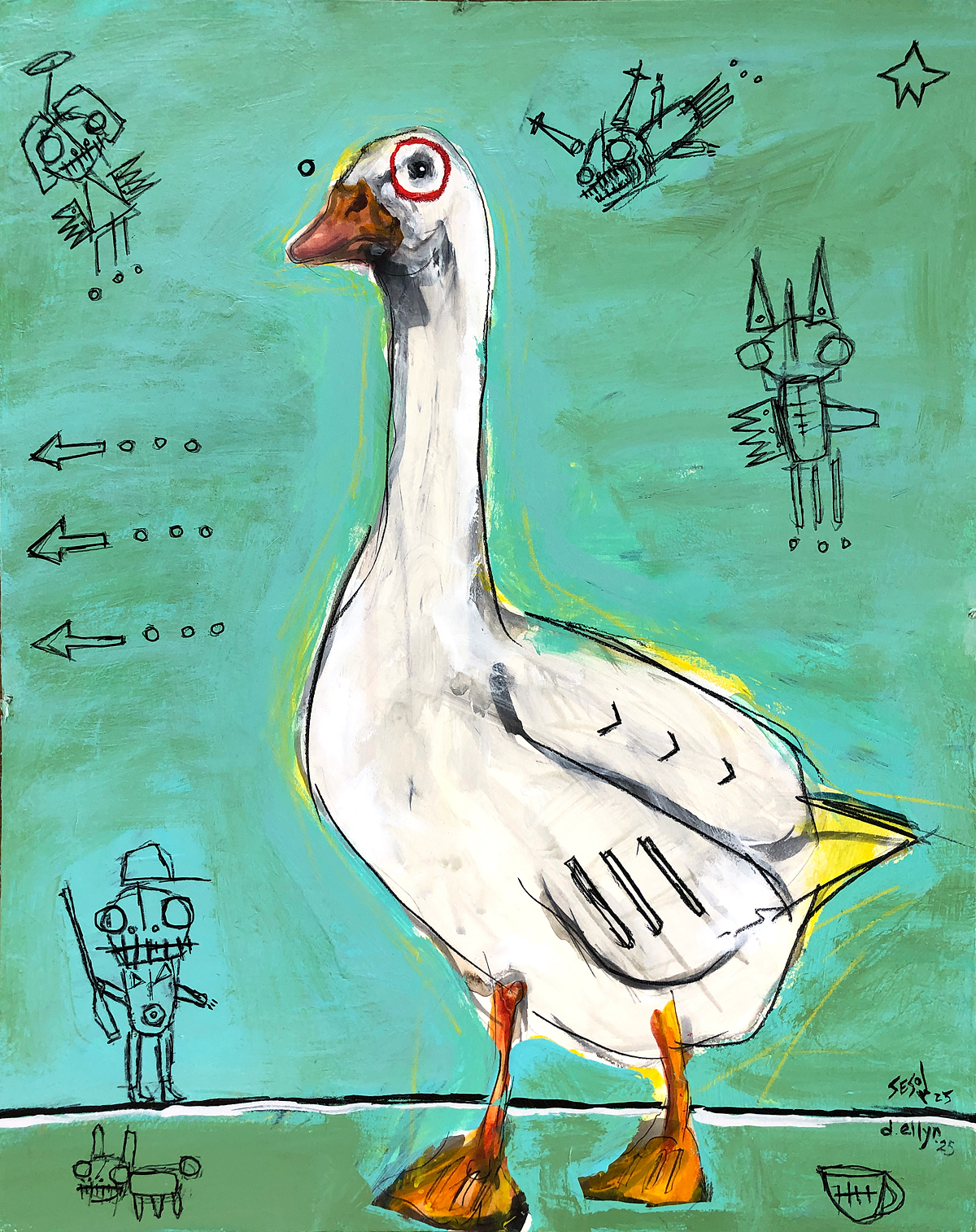 painting of a large white goose by Dana Ellyn surrounded by a field of turquoise filled with illustrations of hunter and other flying things by Matt Sesow