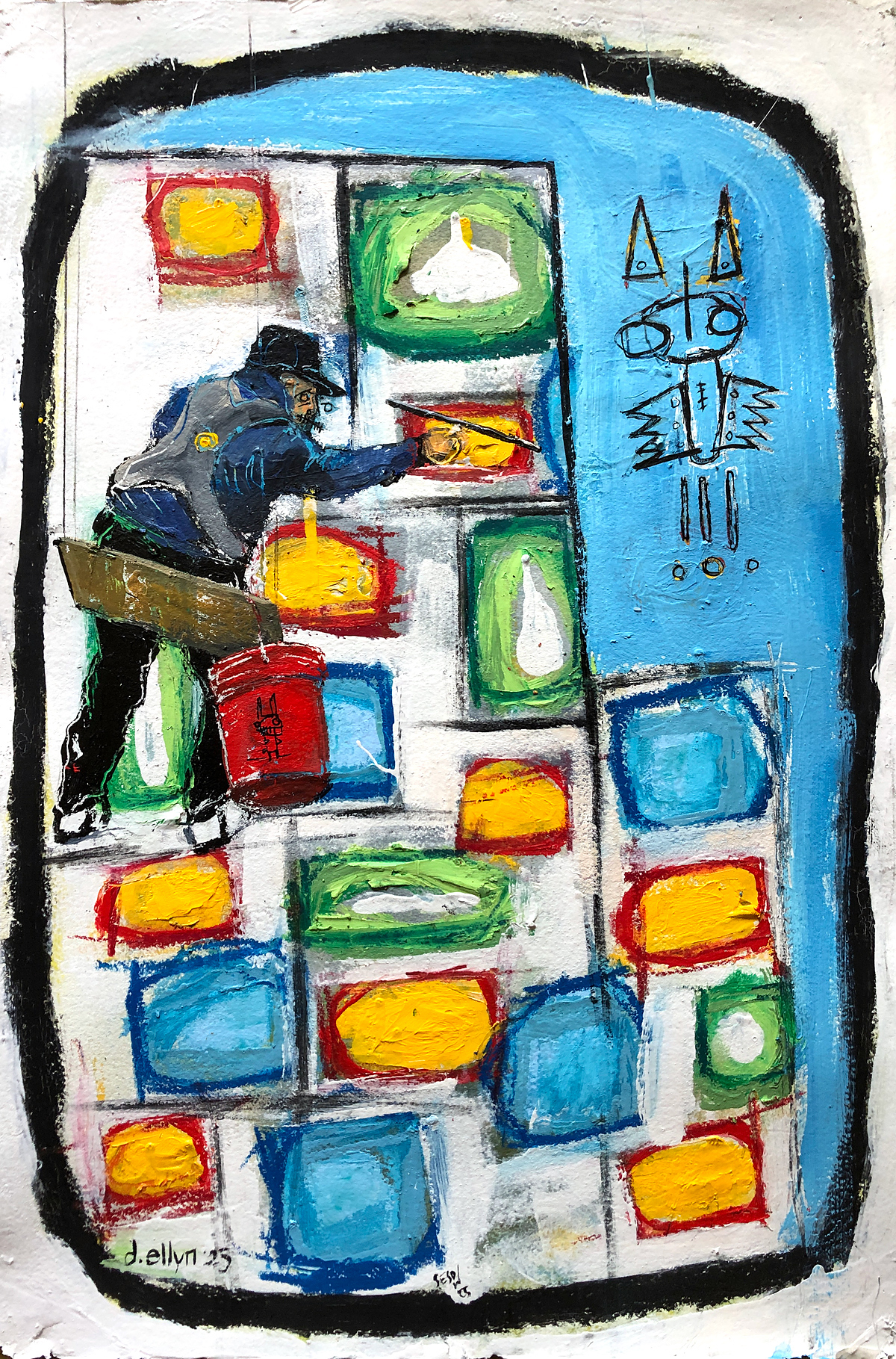 abstract colorful square and rectangle shapes by matt sesow with the addition of a window washer suspended on the building by Dana Ellyn