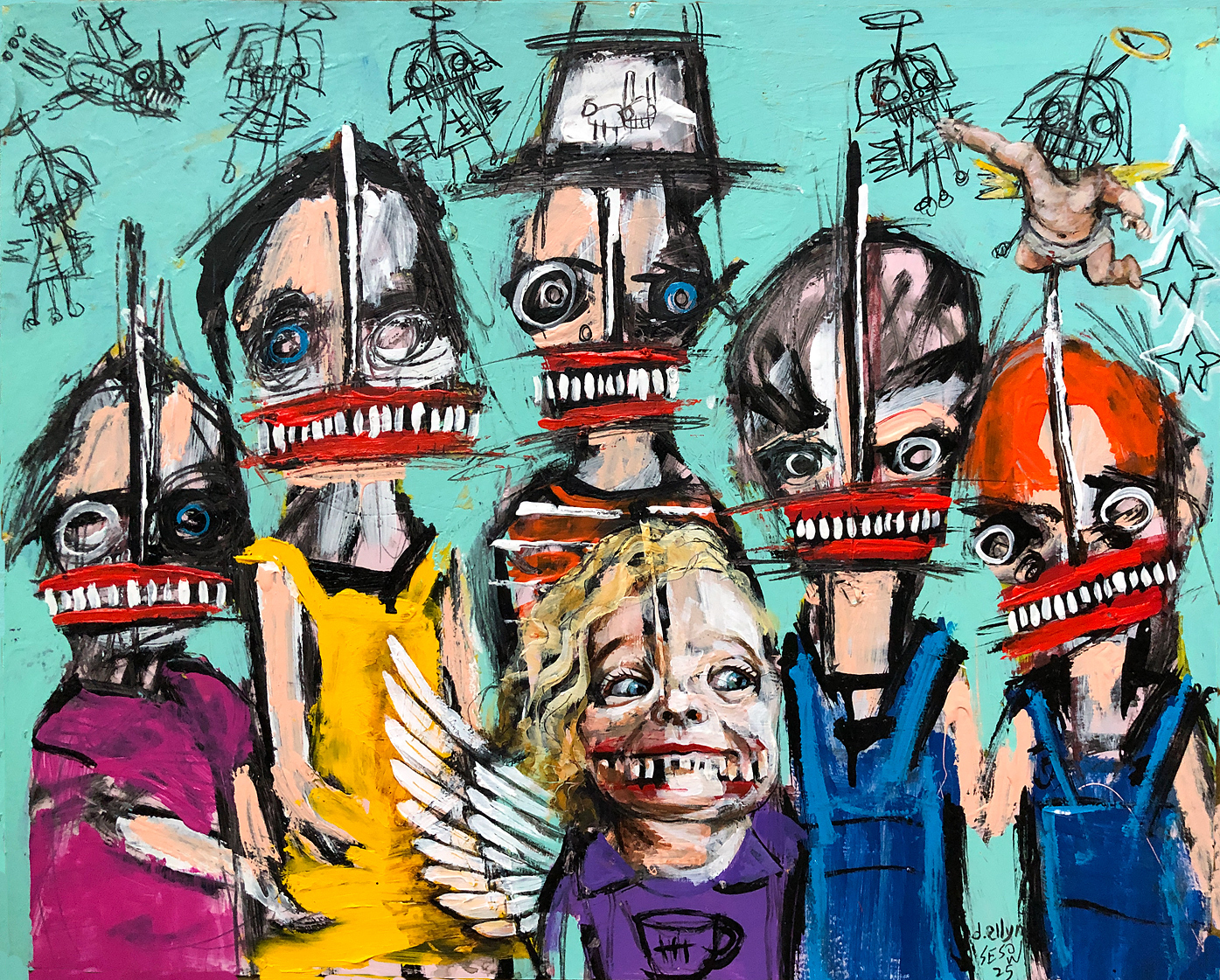 Family portrait with one mischievous winged girl and flying cherubs in a chaotic, expressive mixed-media painting.