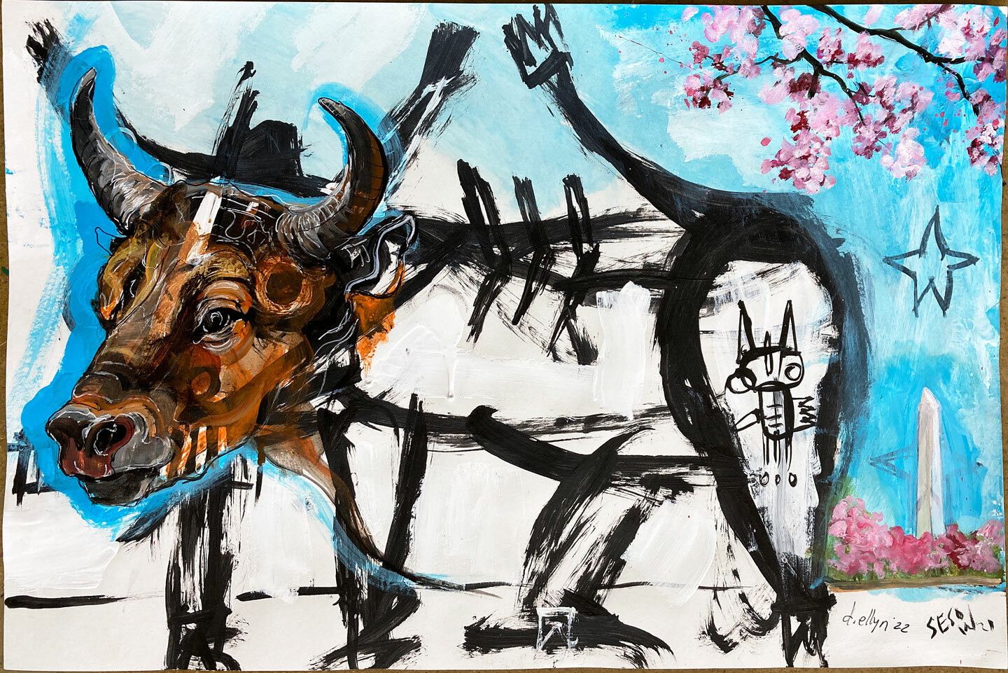Ox among cherry blossoms with Washington Monument by Sesow and Ellyn