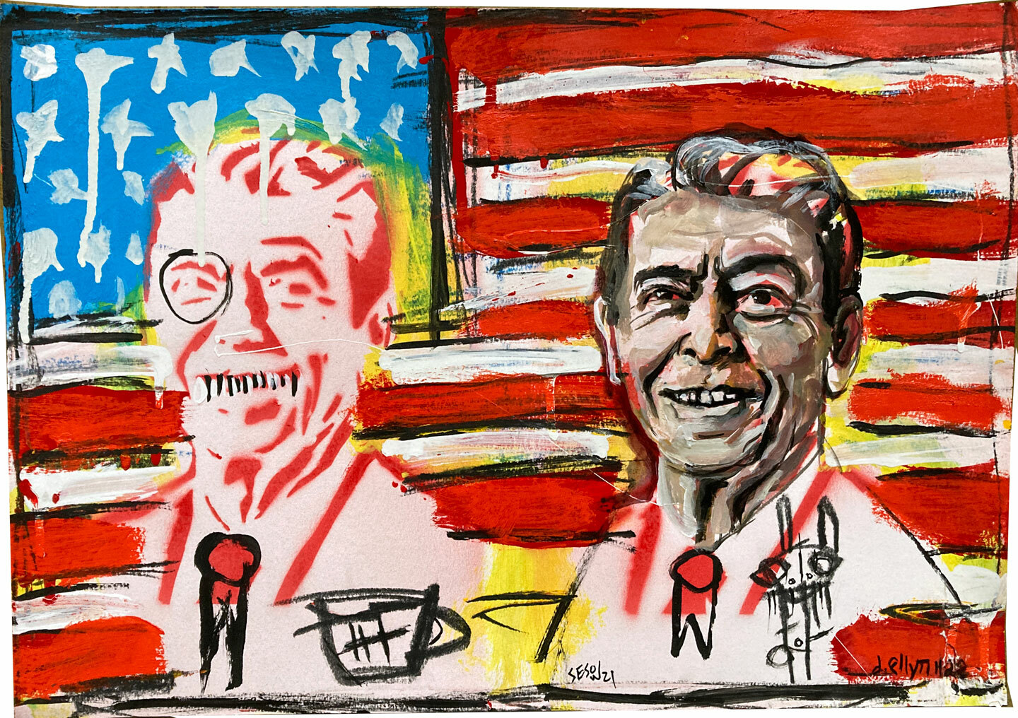 Dual portrait of Ronald Regan with American Flag by Sesow and Ellyn