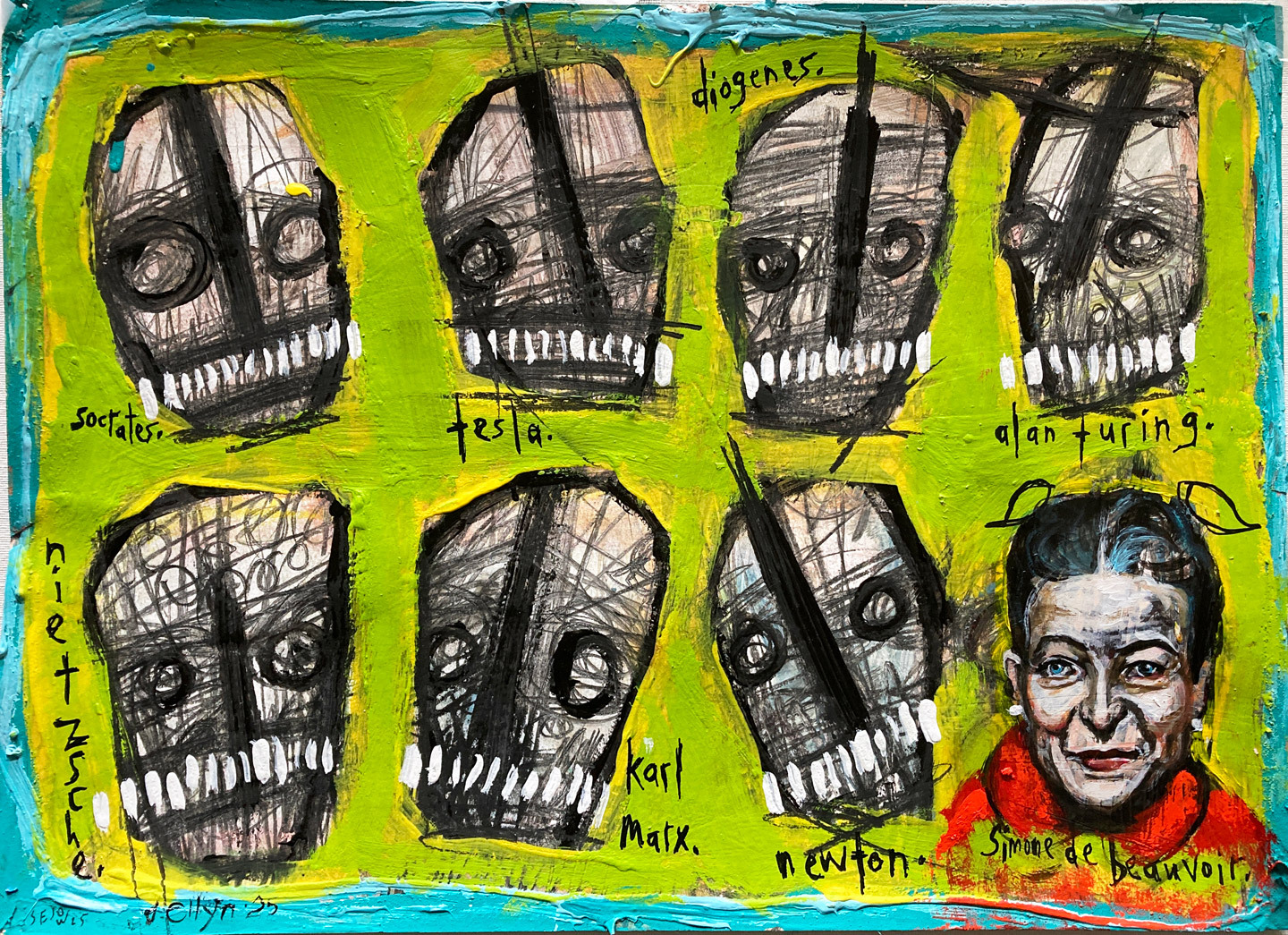 7 abstract expressive heads on green background labeled wtih names of philosophers and portrait of Simone de Beauvoir realistic with red shirt