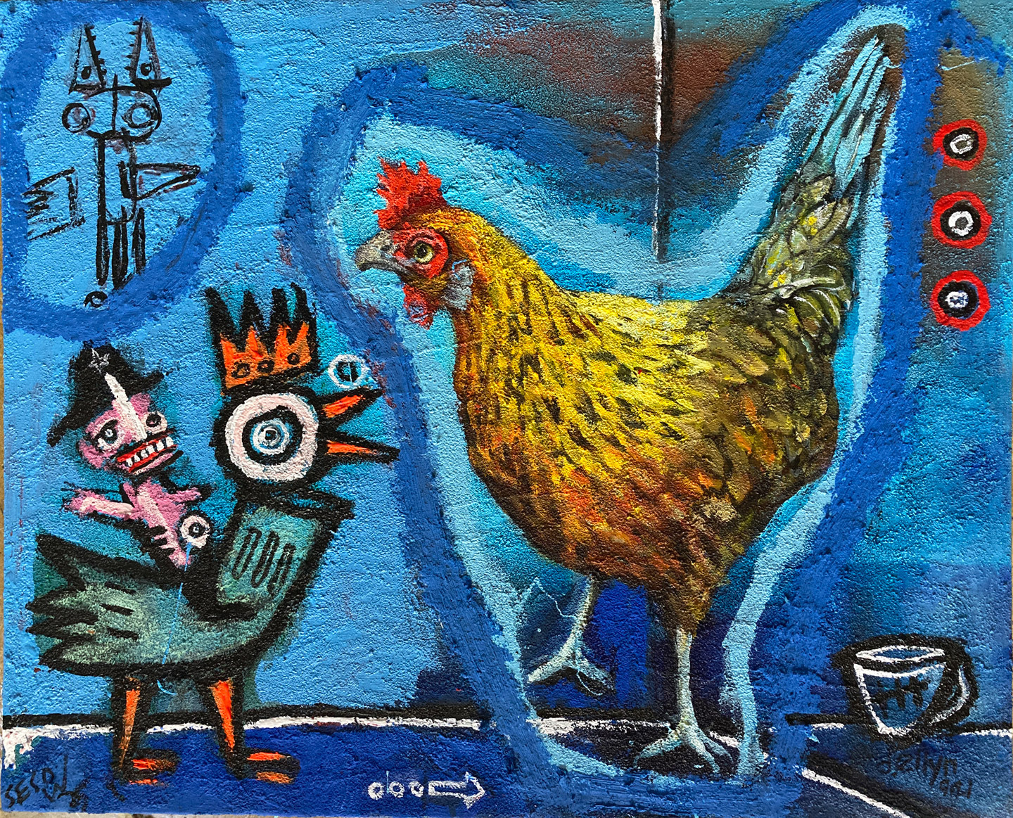 colorful painting of a masterfully painted chicken with an abstracted drawing of a guy riding a chicken.
