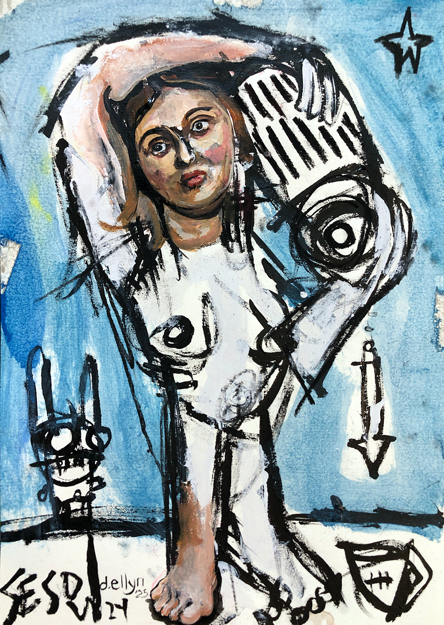 Naked woman sitting crosslegged on floor with drink by Sesow and Ellyn