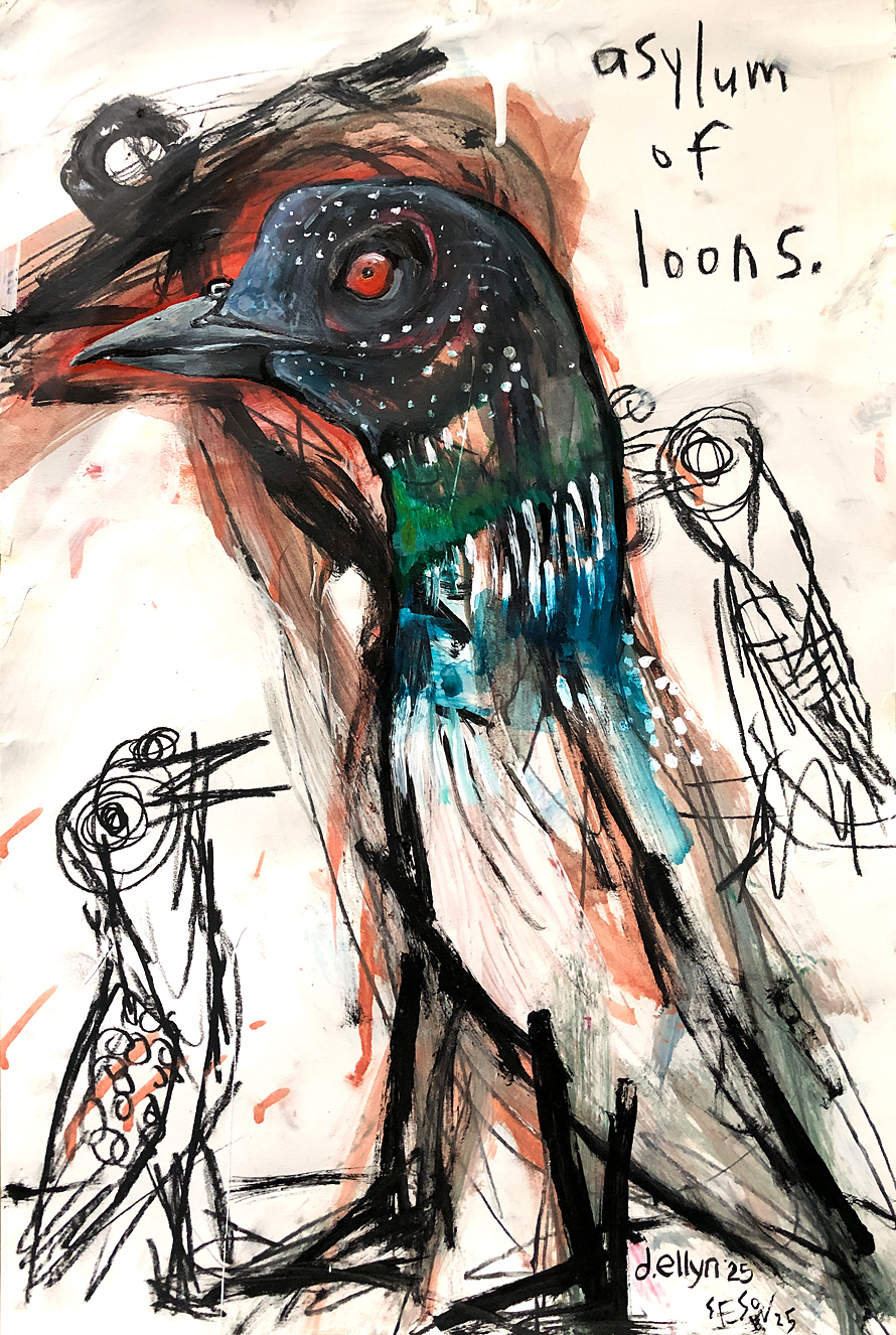 Abstracted Loon in black and red in with realistic Loon  in full color and detail on top