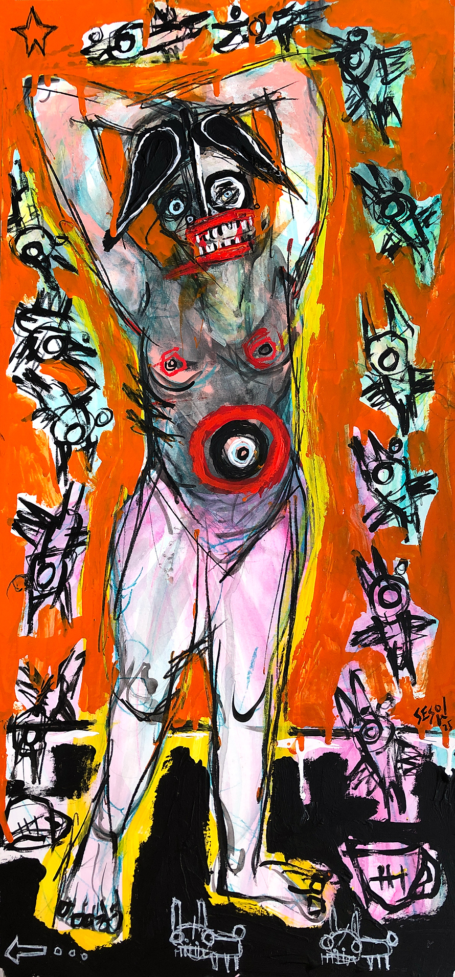 an abstracted skeletal, blue-tinged figure contorting a realistic foot against a yellow backdrop.