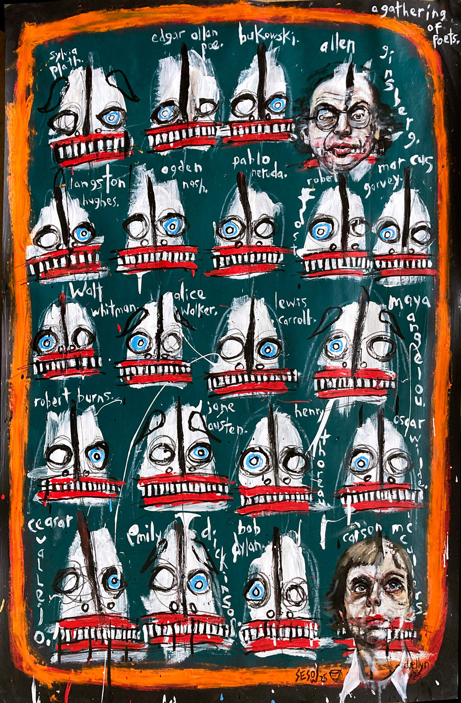 painting featuring a grid of abstract skull-like faces labeled with poets' names. Carson McCullers and Allen Ginsberg are realistically painted, contrasting with the stylized figures.