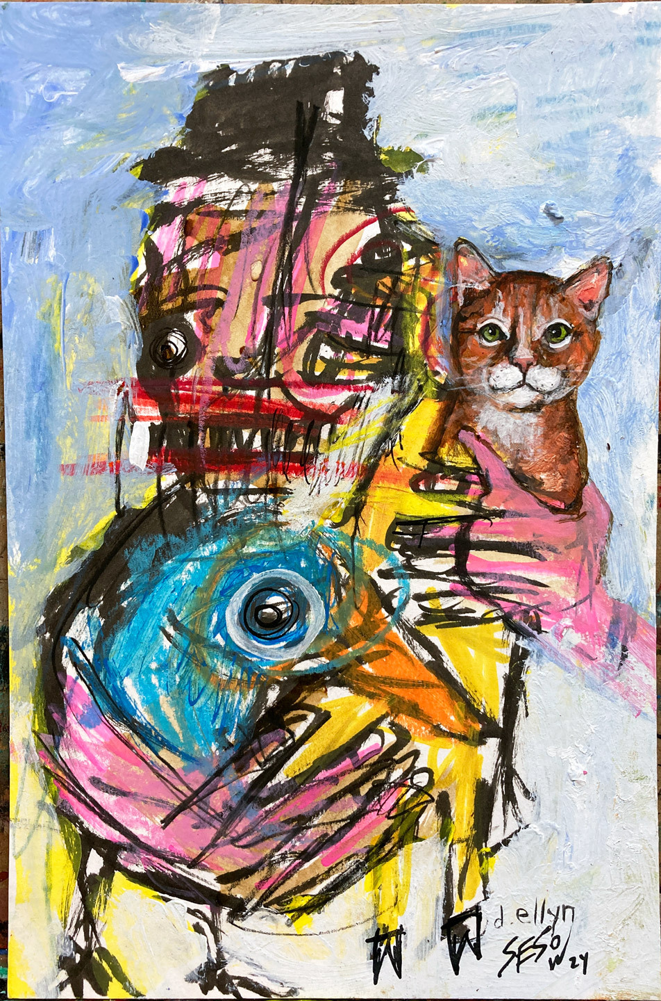 Collaboration by Sesow and Ellyn of a man holding a kitty