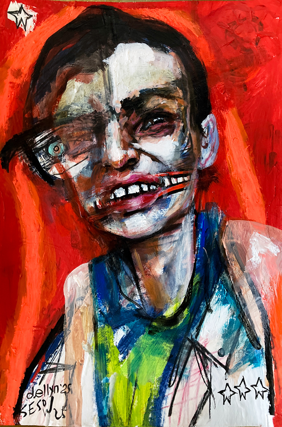 Emotionally charged portrait of a woman with deep set eyes and prominent teeth on a red background