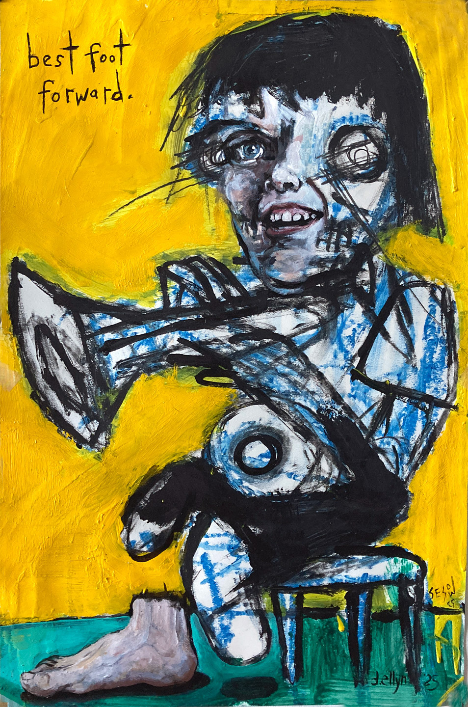 an abstracted skeletal, blue-tinged figure contorting a realistic foot against a yellow backdrop.