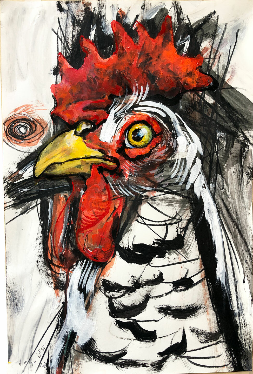 Chicken in profile with shock of red color, realistic eye by Ellyn and Sesow