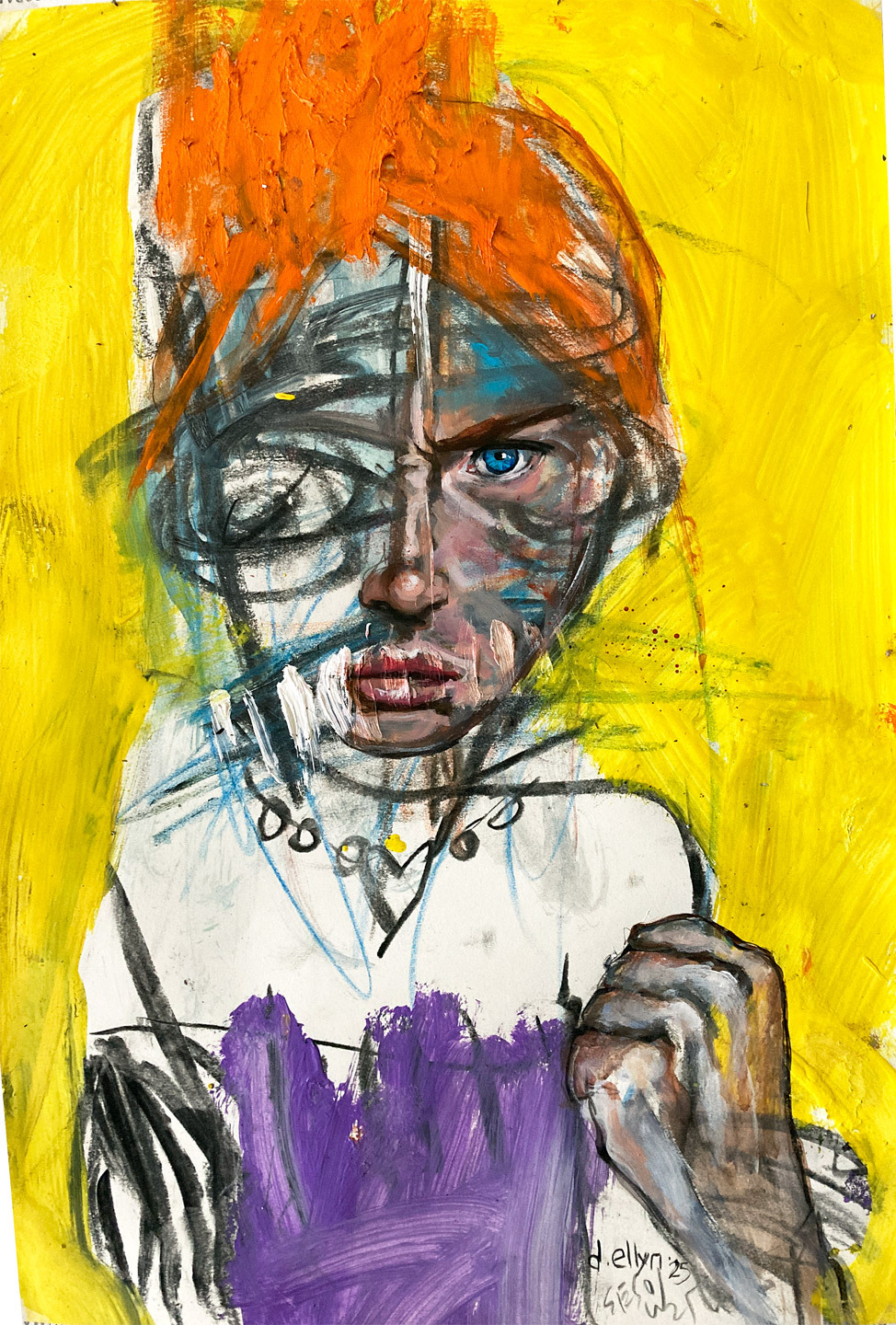 half abstract and half realistic face of woman scowling with red hair and raised fist