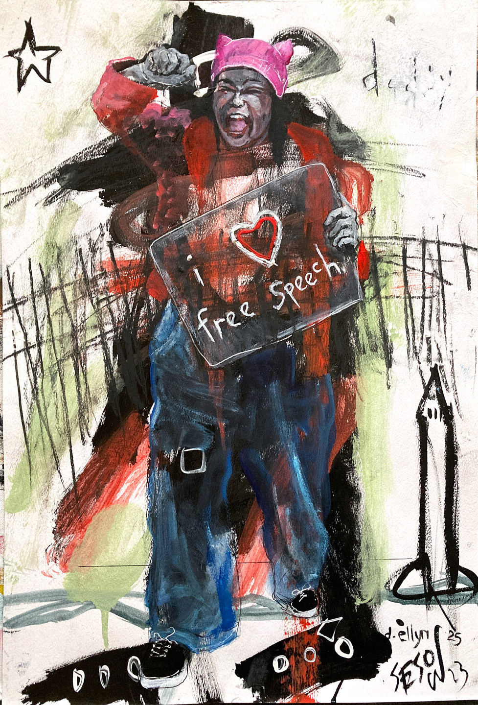 A woman with raised fist holding protest sign reading Free Speech, wearing pink pussy hat