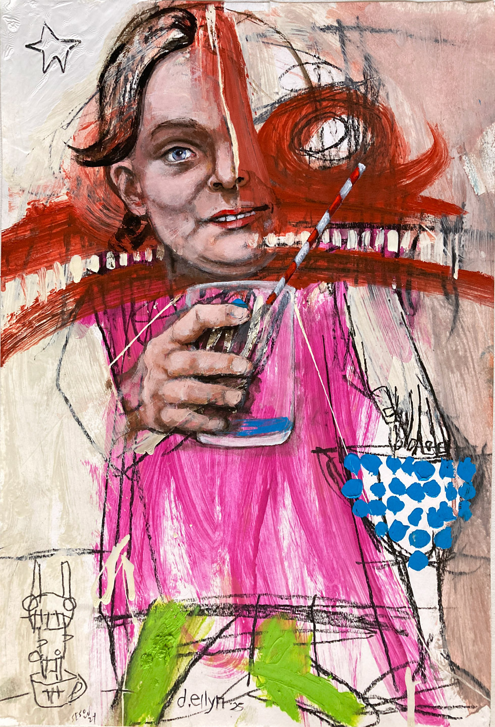 girl holding cup of soda reading into bowl of blueberries